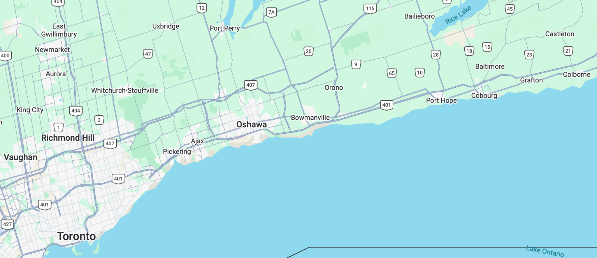Service area map for Clickozy Heating & Cooling covering Durham, York, Northumberland, Prince Edward County, and the GTA